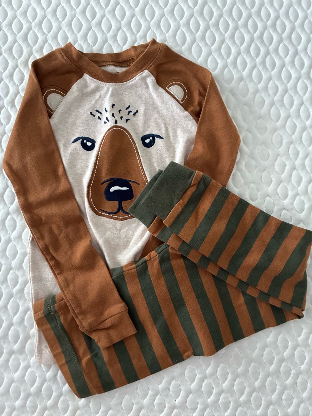 Kids Brown Bear Graphic Pajama Set - Cozy Long-Sleeve Top & Striped Pants
